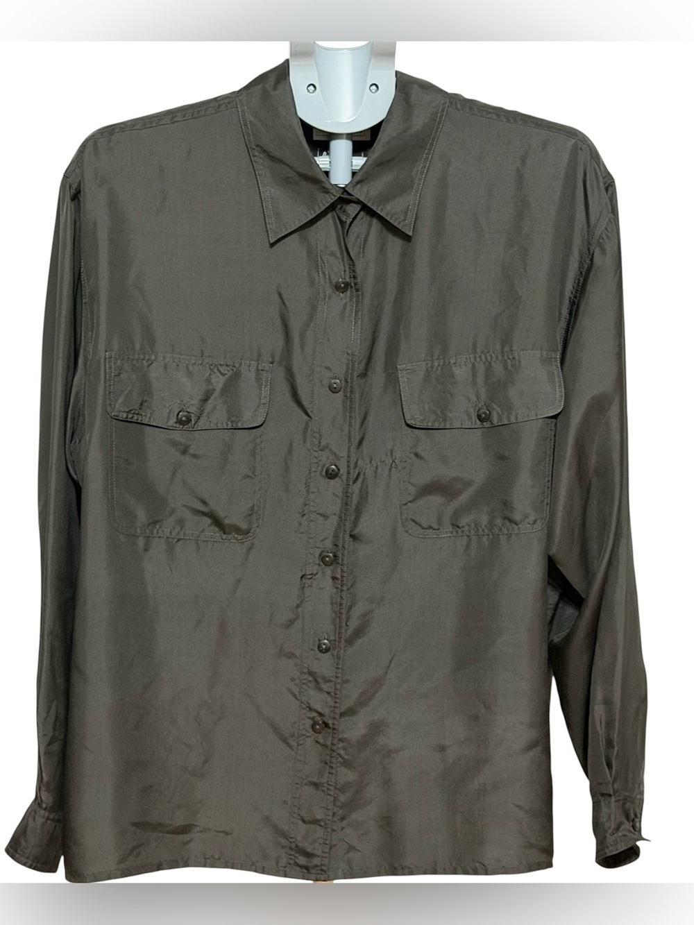 Vintage Woodpecker Casual Collection Charcoal Silk Blouse Size L